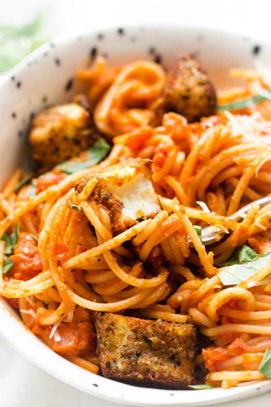 Spaghetti with Breaded Halloumi Balls Happy Veggie Kitchen