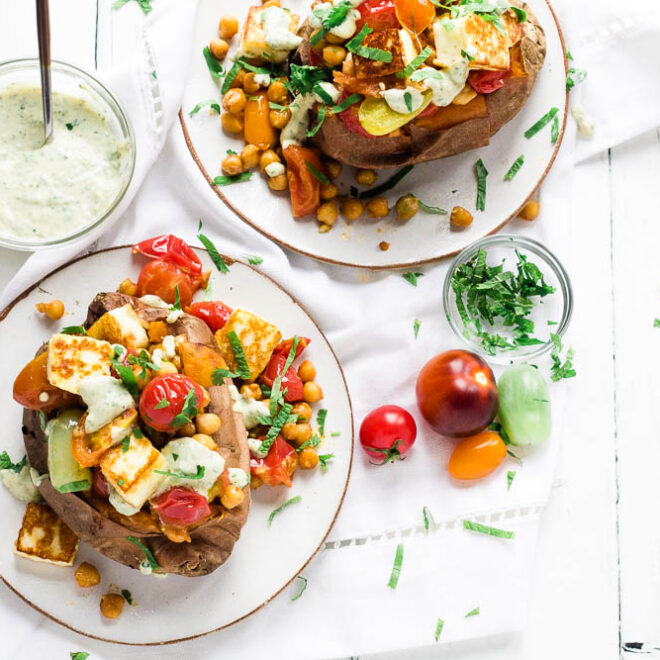 Halloumi Stuffed Sweet Potatoes Happy Veggie Kitchen