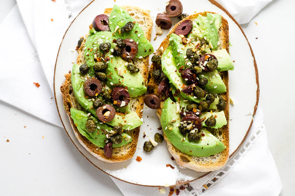 Avocado Toast with Pan Fried Capers, Olives & Dukkah Happy Veggie Kitchen