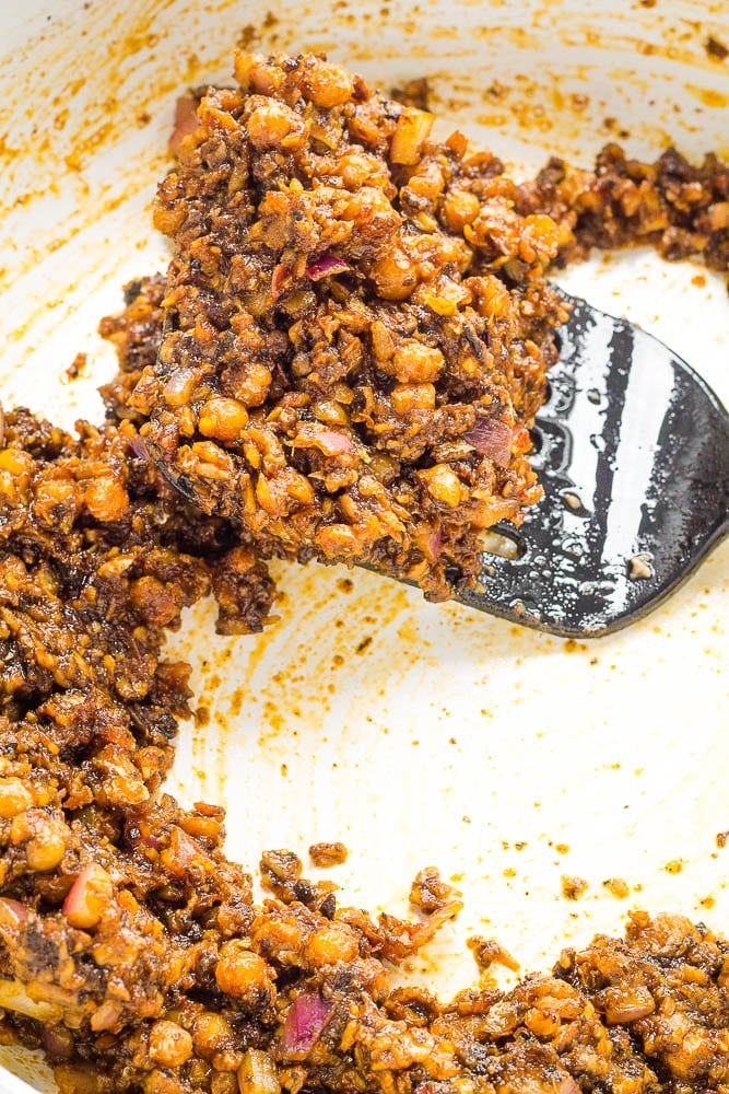 Close up of vegan taco meat in pan