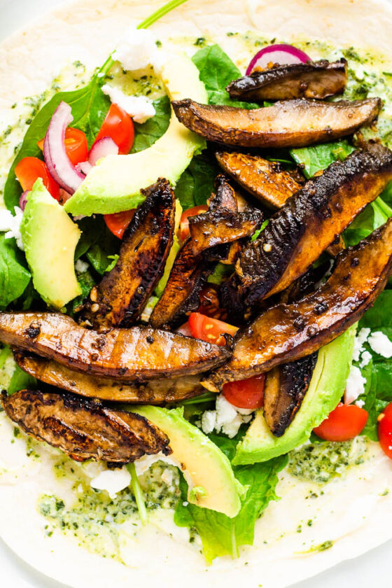 Mushroom Wraps with Spinach, Feta & Pesto Happy Veggie Kitchen