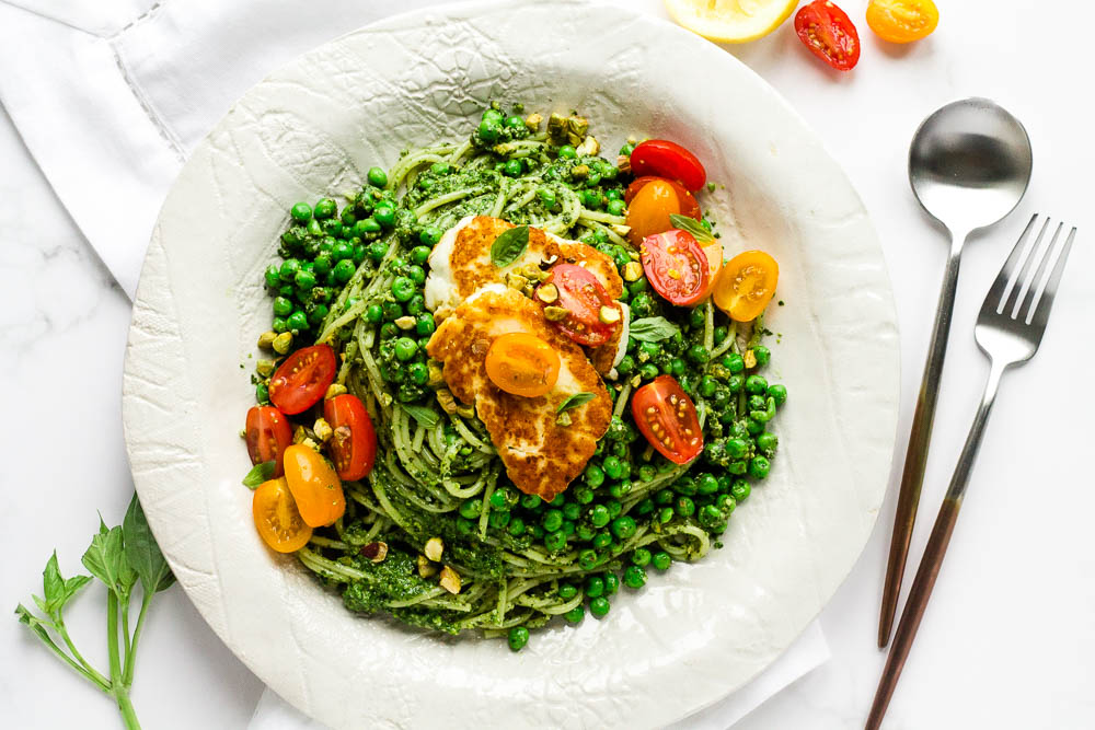 Halloumi Pesto Pasta Happy Veggie Kitchen