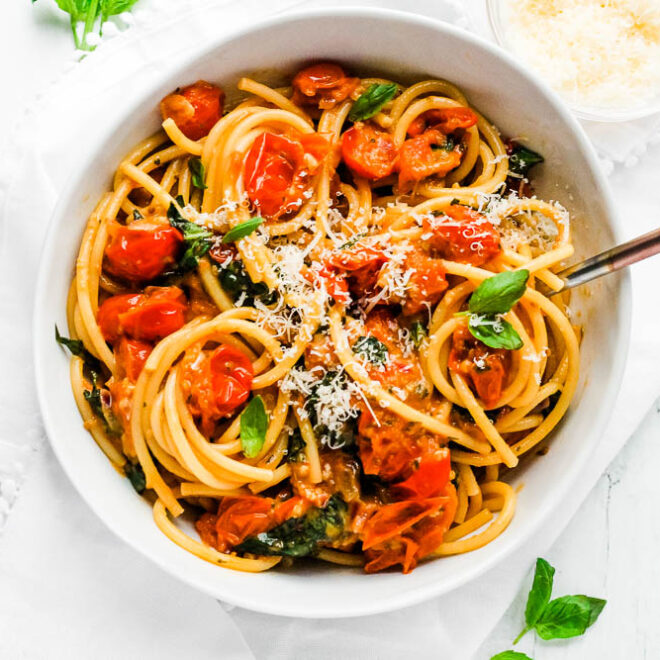 Bucatini Pomodoro with Cherry Tomatoes - Happy Veggie Kitchen