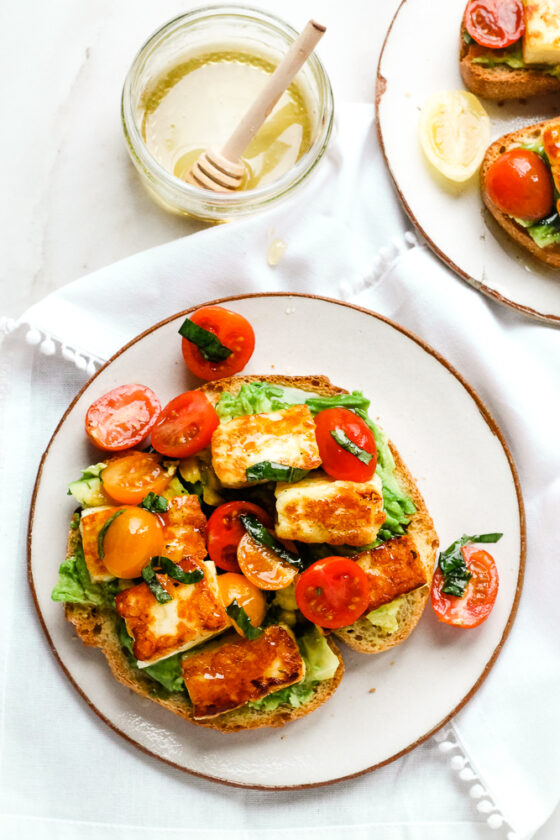 Halloumi Toast with Avocado & Honey Happy Veggie Kitchen