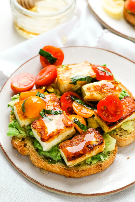 Halloumi Toast with Avocado & Honey Happy Veggie Kitchen