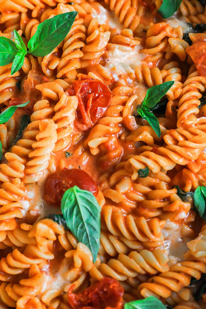 Close up of tomato mascarpone pasta sauce showing it's creaminess