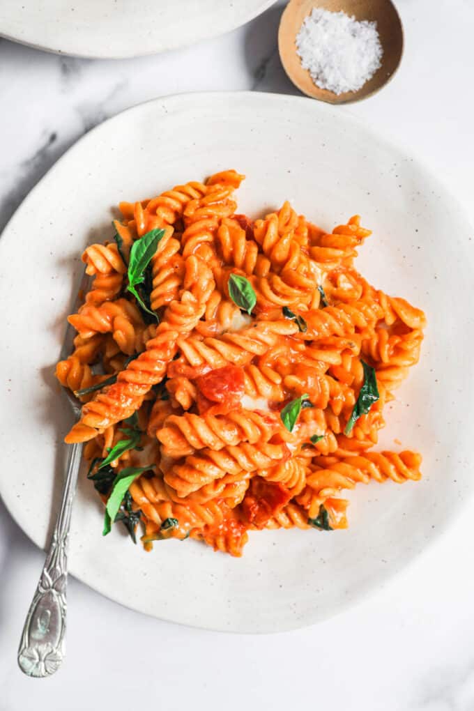 Single plated portion of tomato mascarpone pasta