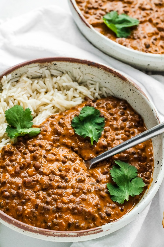Close up of dal makhani with a spoon in the bowl