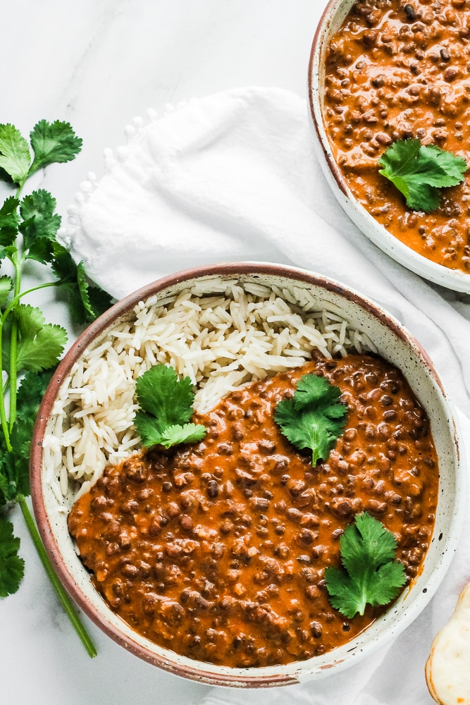 Top down view of plated up dal makhani