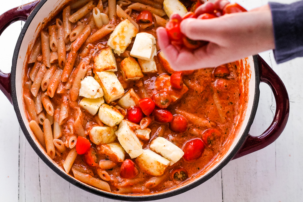 Creamy Halloumi Pasta Bake with Cherry Tomatoes Happy Veggie Kitchen