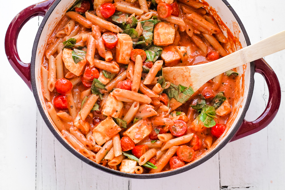 Creamy Halloumi Pasta Bake with Cherry Tomatoes Happy Veggie Kitchen