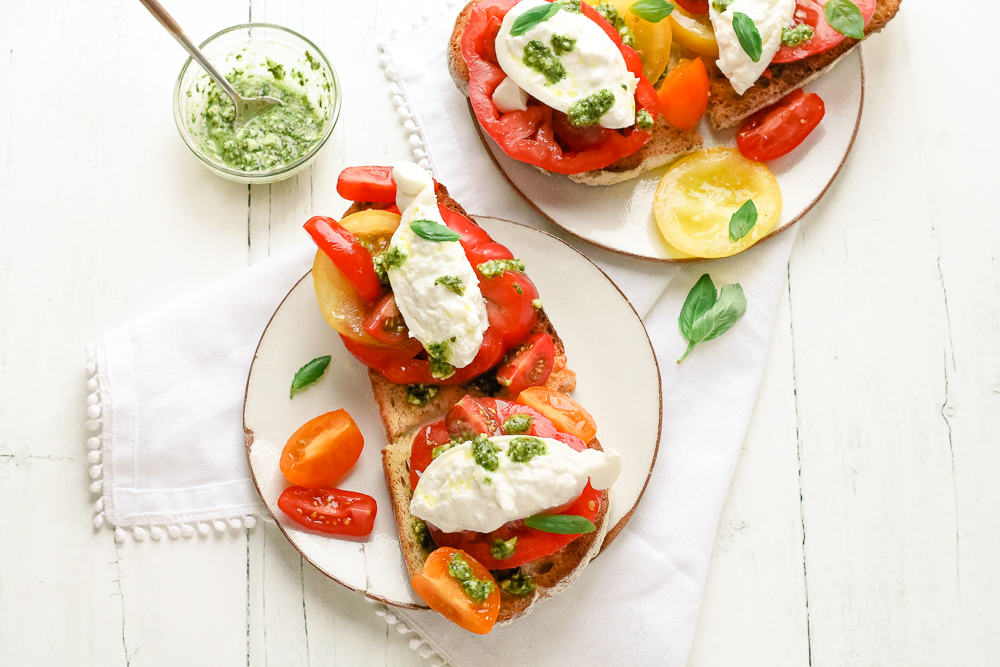 Easy Heirloom Tomato Toast with Burrata & Pesto Happy Veggie Kitchen