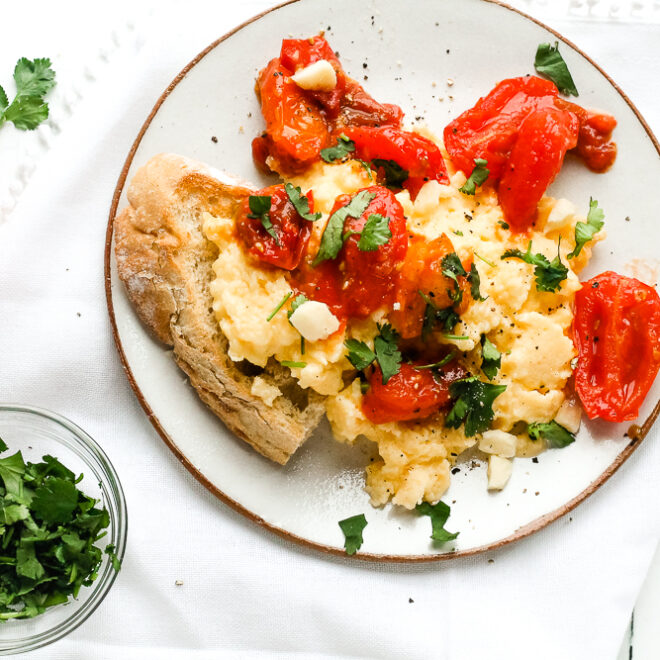 Scrambled Eggs with Tomatoes, Cheese & Cilantro - Happy Veggie Kitchen