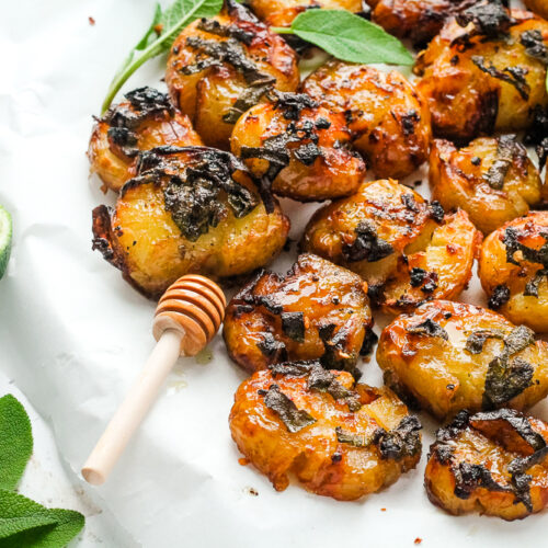 smashed-hot-honey-sage-potatoes-happy-veggie-kitchen