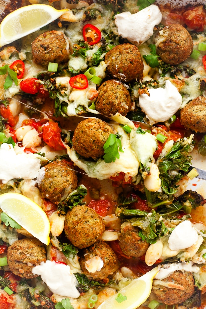 Falafel bake with a cheesy topping and tahini sauce
