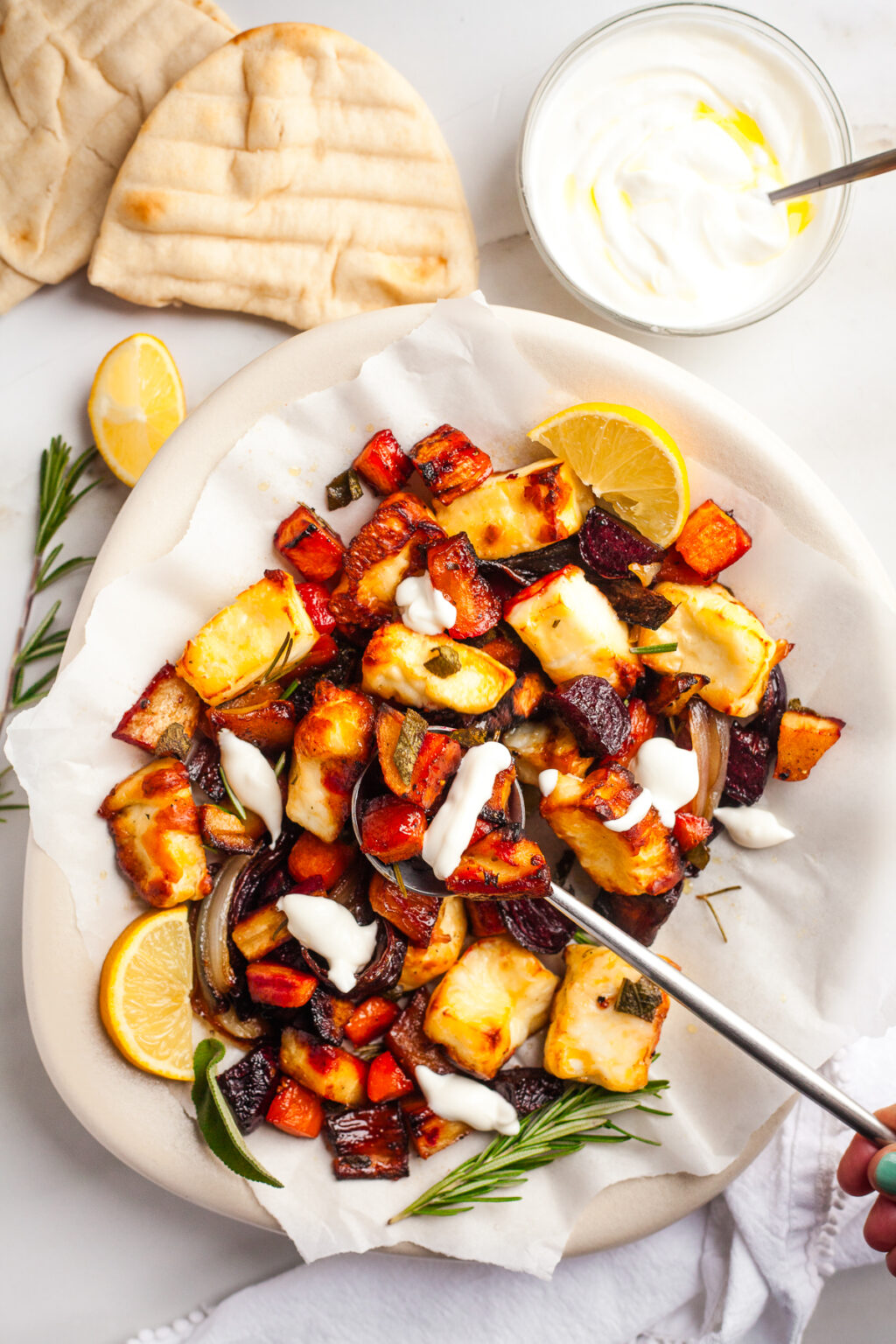 sheet pan honey roasted root vegetables halloumi autumn vegetarian dinner