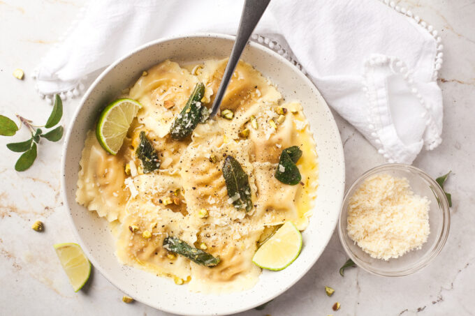 Butternut Ravioli with Lime Butter Sauce - Happy Veggie Kitchen