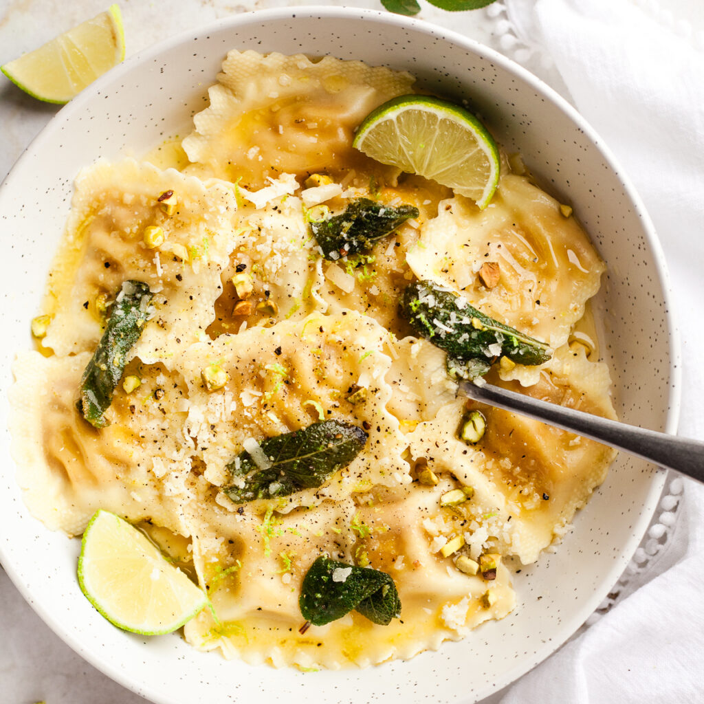 Butternut Ravioli with Lime Butter Sauce - Happy Veggie Kitchen