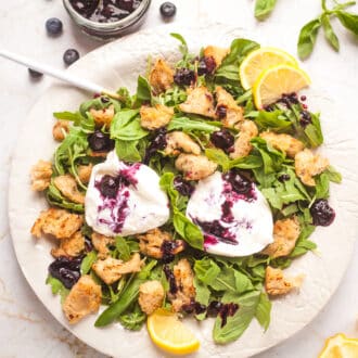 A plate of burrata salad with blueberry sauce