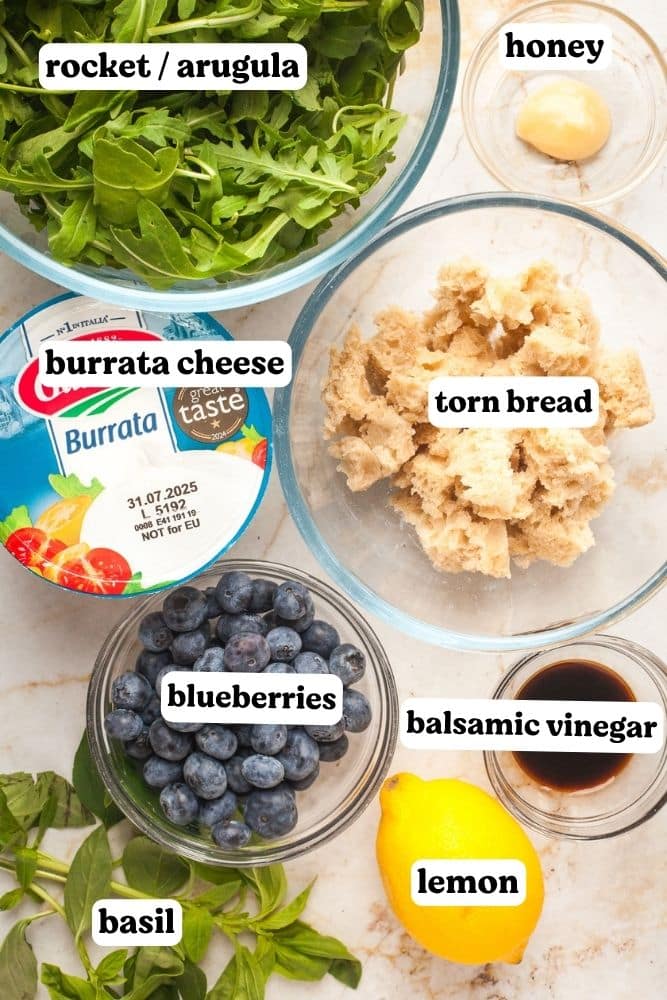 Ingredients required for blueberry burrata salad.