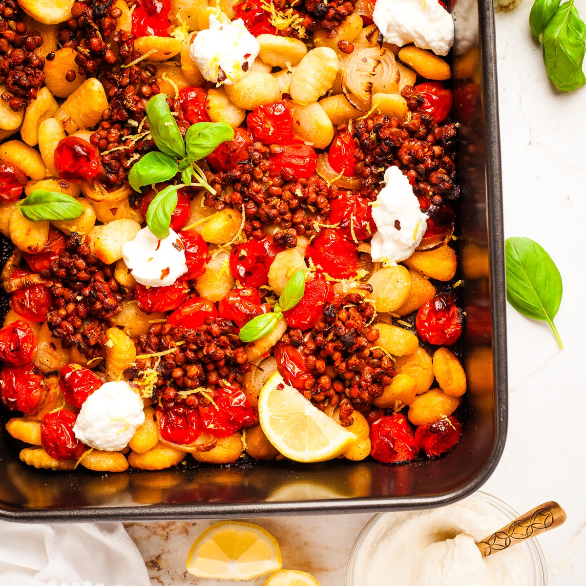 Sheet Pan Gnocchi with Tomatoes, Lentils & Ricotta
